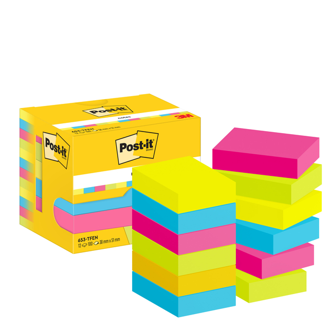 Memoblok 3M Post-it 653 38x51mm neon assorti kleur 12 stuks afbeelding