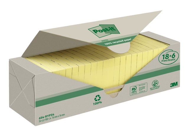 Memoblok 3M Post-it 654 76x76mm recycle geel 18 + 6 gratis afbeelding