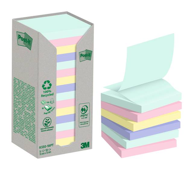 Memoblok 3M Post-it Z-Note R330 76x76mm recycle assorti kleur 16 stuks afbeelding