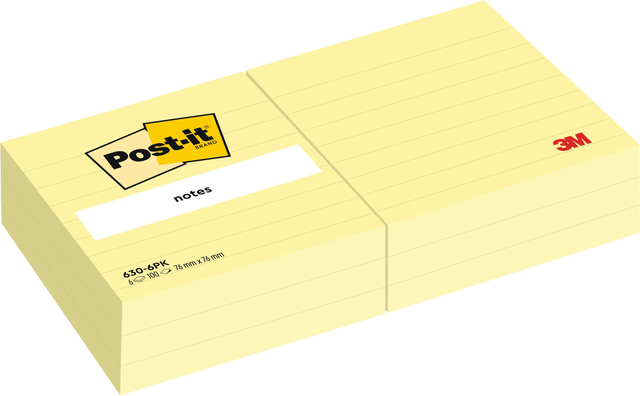 Memoblok 3M Post-it 630 76x76 mm lijn geel 6 stuks afbeelding