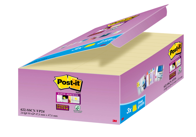 Memoblok 3M Post-it 622 Super Sticky 47.6x47.6mm geel 21 + 3 gratis afbeelding