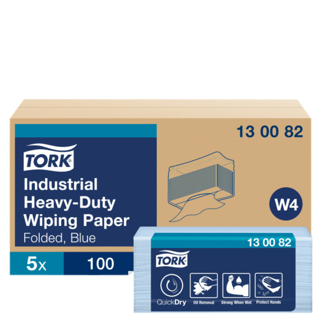 Reinigingsdoek Tork W4 Premium Industrial Heavy-Duty gevouwen 3-laags 5x100 vel blauw 130082 afbeelding