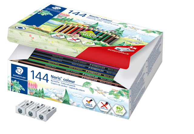 Kleurpotloden Staedtler Noris classpack à 144 stuks 12 kleuren + 3 puntenslijpers gratis afbeelding