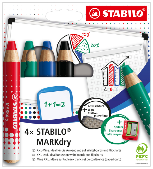 Whiteboardpotlood STABILO MARKdry 648/4 inclusief slijper en microvezeldoek assorti etui à 4 stuks afbeelding