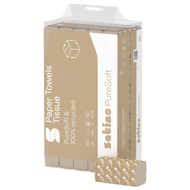 Handdoek Satino PureSoft PT2 W-vouw 2-laags 206x320mm 25x120vel naturel 277520