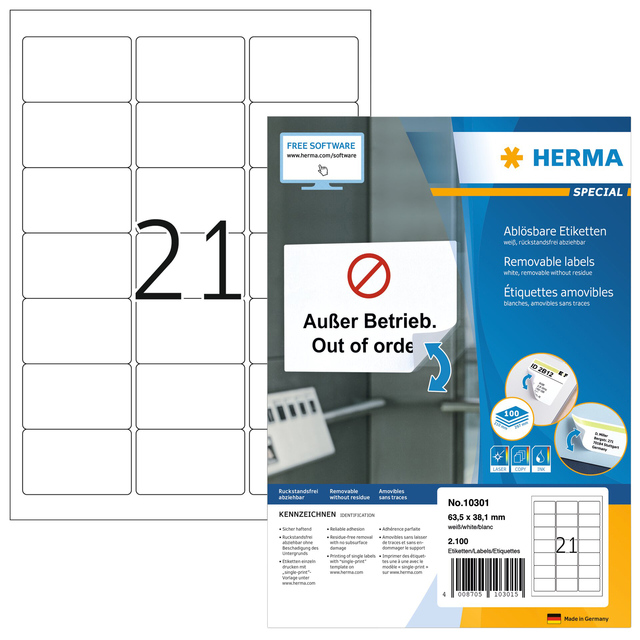 Etiket HERMA 10301 63.5x38.1mm verwijderbaar wit 2100 stuks