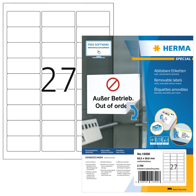 Etiket HERMA 10300 63.5x29.6mm verwijderbaar wit 2700 etiketten afbeelding