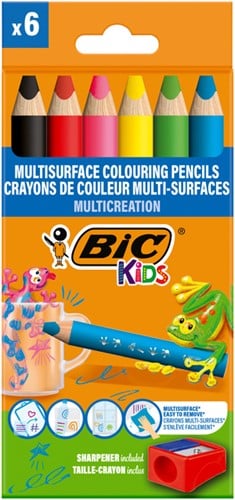Kleurpotloden BicKids Multi Surface inclusief puntenslijper assorti pak à 6 stuk