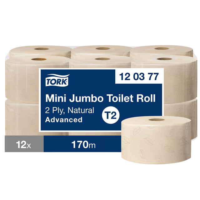 Toiletpapier Tork T2 Advanced jumbo klein 2-laags 170m naturel 120377 afbeelding