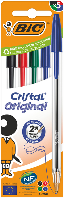 Balpen Bic Cristal medium assorti blister à 5 stuks afbeelding