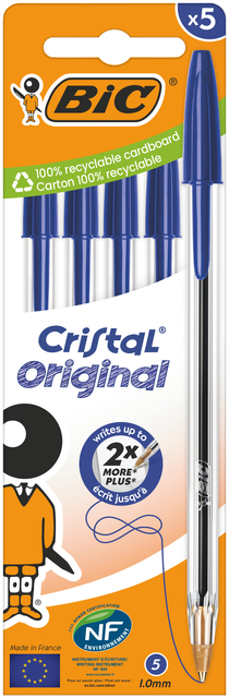 Balpen Bic Cristal medium blauw blister à 5 stuks afbeelding