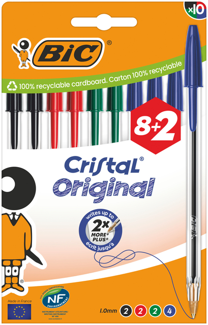 Balpen Bic Cristal medium assorti blister à 8+2 gratis afbeelding