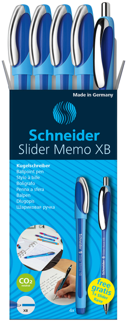 Balpen Schneider Slider Memo XB blauw set à 4 stuks + 1 gratis Slider balpen afbeelding