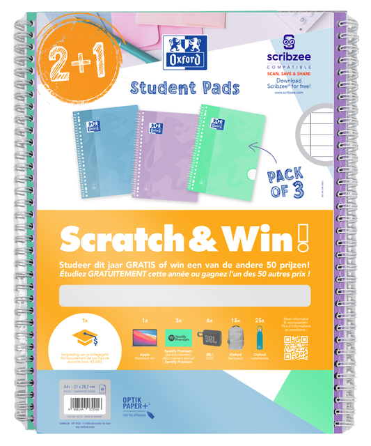 Oxford Collegeblok School A4+ lijn 23-gaats 160 pagina's 80gr pastel scratch&win assorti voordeelpak