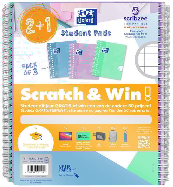Oxford Collegeblok School A5+ lijn 17-gaats 160 pagina's 80gr pastel scratch&win assorti