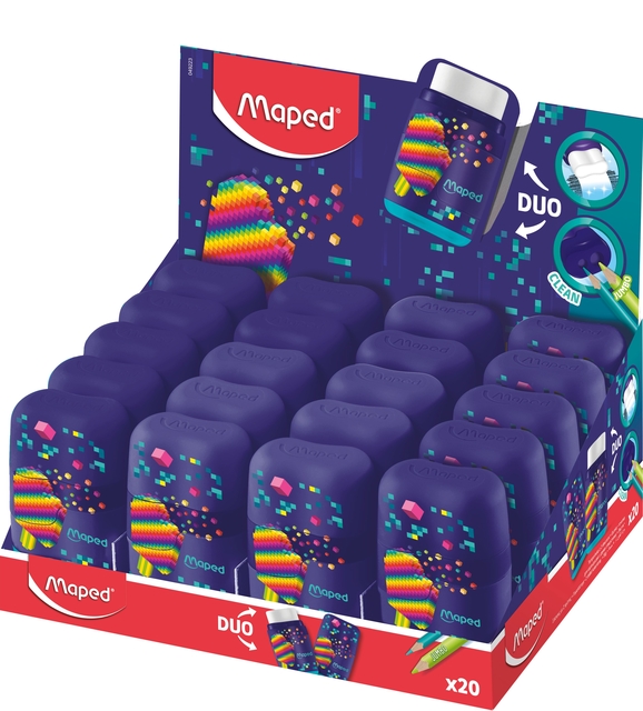 Puntenslijper Maped Pixel Party Connect 2-gaats met gum display à 20 stuks afbeelding