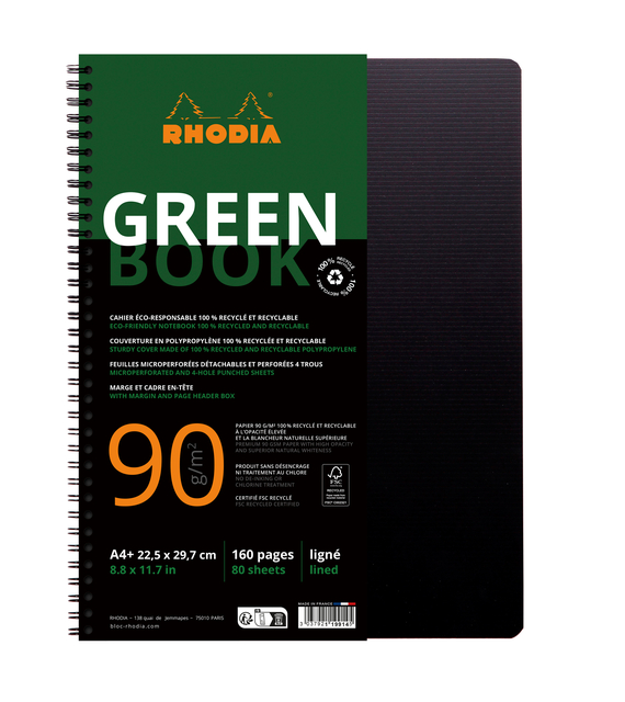 Notitieboek Rhodia Greenbook A4+ lijn 4-gaats 180 pagina&apos;s 90gr zwart afbeelding
