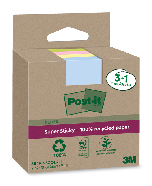 Memoblok 3M Post-it 654 RSSCOL 76x76mm assorti kleur 3+1 gratis afbeelding
