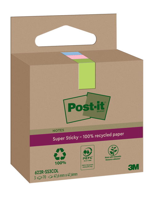 Memoblok 3M Post-it 622 RSS3COL 47.6x47.6mm assorti kleur 3 stuks afbeelding