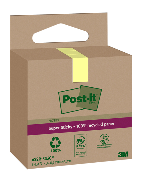 Memoblok 3M Post-it 622 RSS3CY 47,6x47,6mm geel 3 stuks afbeelding