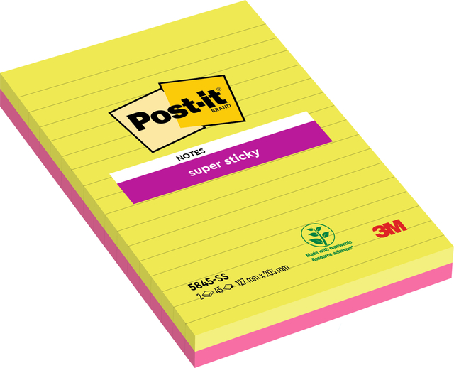 Post-it Memoblok 3M 5845 Super Sticky 127x203mm lijn assorti kleur 90 vel