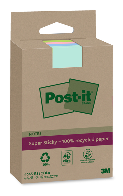 Post-it Memoblok 3M 4645-RSSCOL4 Super Sticky 102x152mm ass. Kleur 4 stuks