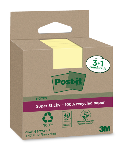 Memoblok 3M Post-it 654 RSSCOL 76x76mm geel 3+1 gratis afbeelding