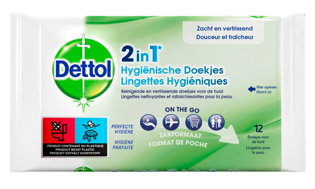 Hygiënische verfrissingsdoekjes Dettol Wipes 2-in-1 12st afbeelding