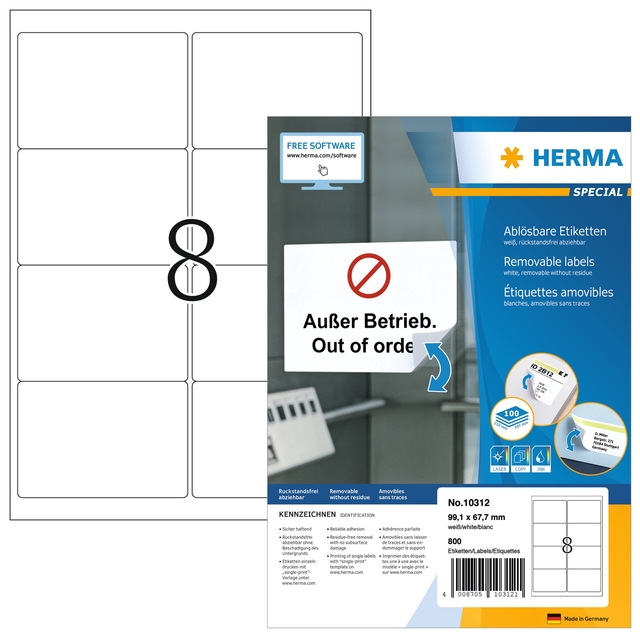 Etiket HERMA 10312 99.1x67.7mm verwijderbaar wit 800 etiketten afbeelding