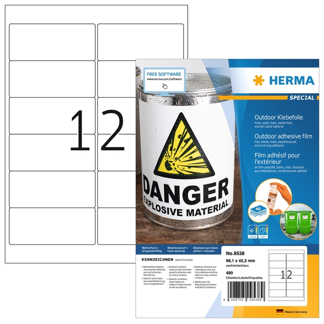 Etiket HERMA 9538 99.1x42.3mm weerbestendig wit 480 stuks
