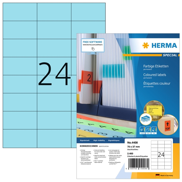 Etiket HERMA 4408 70x37mm blauw 2400 etiketten afbeelding
