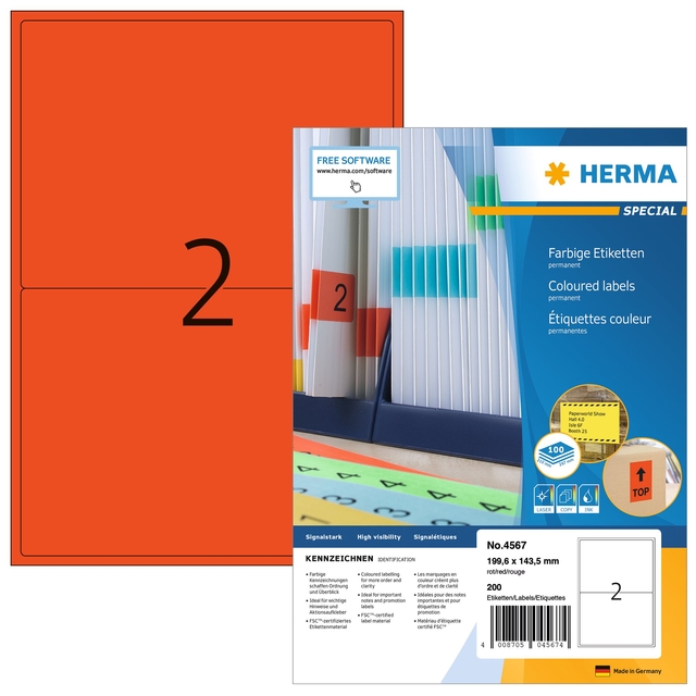 Etiket HERMA 4567 199.5x143.5mm rood 200 etiketten afbeelding