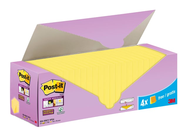 Memoblok 3M Post-it 654-SSCY Super Sticky 76x76mm geel voordeelpak afbeelding