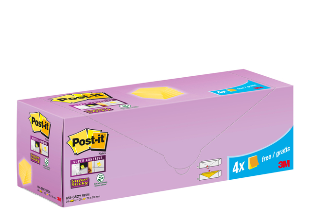 Memoblok 3M Post-it 654-SSCY Super Sticky 76x76mm geel voordeelpak — Foto 2 van 2