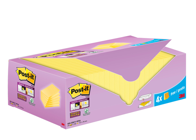 Memoblok 3M Post-it 655-SSCY Super Sticky 76x127mm geel voordeelpak afbeelding