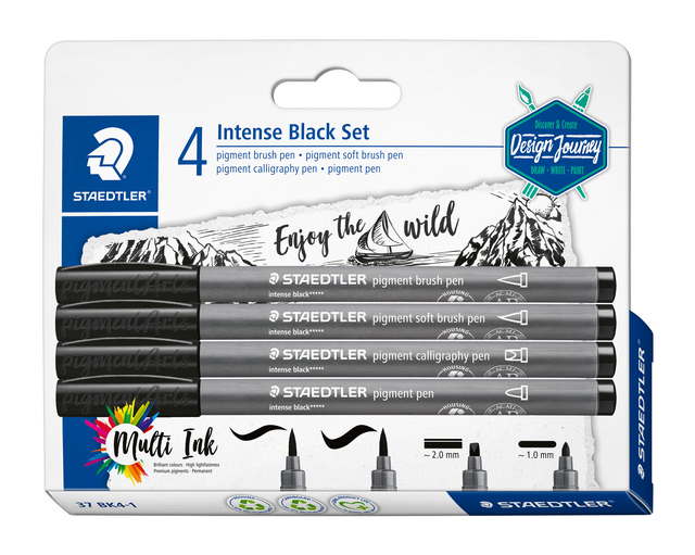 Fimo Staedtler Brushpen Staedtler PigmentArts Intens zwart setà 4 schrijfbreedtes