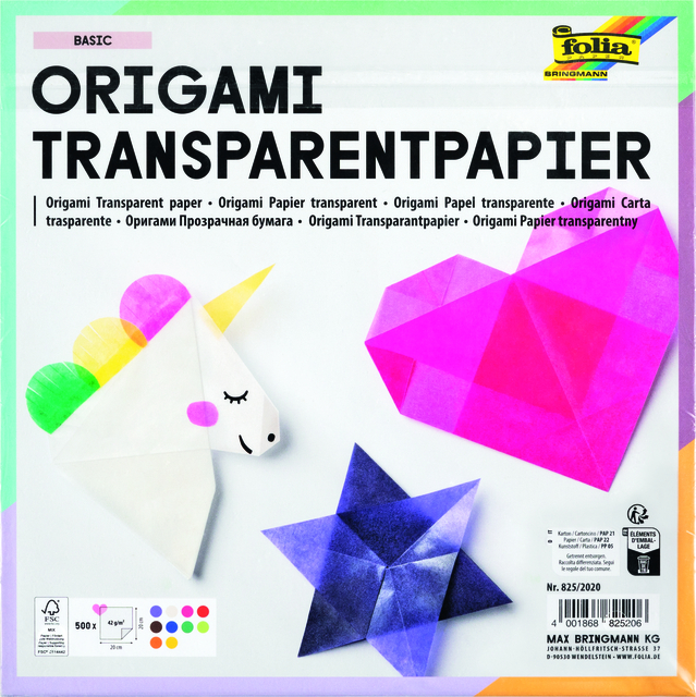 Origami papier Folia 20x20cm transparant 42gr 500 vel in 10 kleuren afbeelding