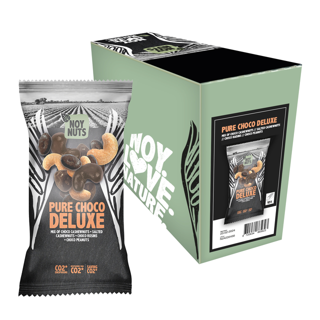 Cashewnoten NoyNuts pure choco deluxe mix zak 45 gram afbeelding