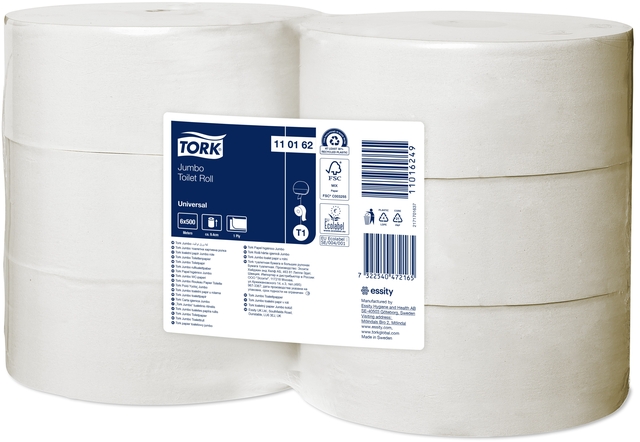 Toiletpapier Tork T1 Universal jumbo 1-laags 500m wit 110162 afbeelding