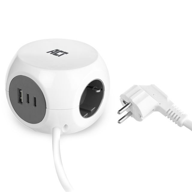 Stekkerblok ACT 3 voudig inclusief 2x USB C/A 1.5 meter wit/grijs