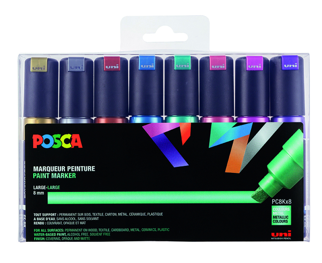 Verfstift Posca PC8K breed schuin metallic assorti set à 8 stuks afbeelding