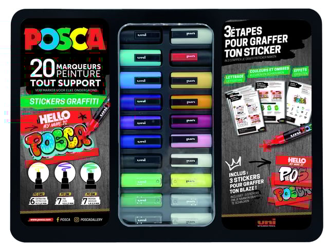 Paintmarker Uni POSCA Sticker Graffiti assorti metalen koffer à 20st afbeelding
