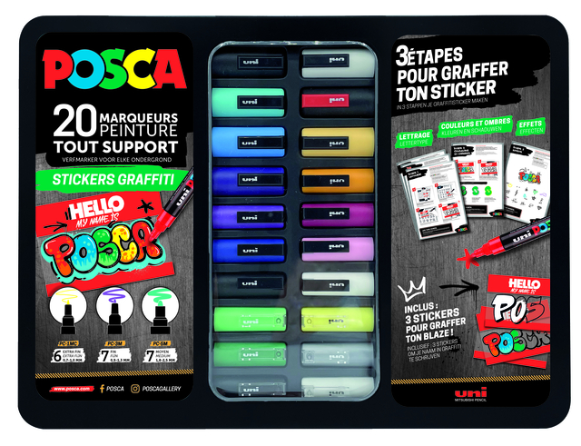 Verfstift Posca Sticker Graffiti assorti metalen koffer à 20 stuks afbeelding