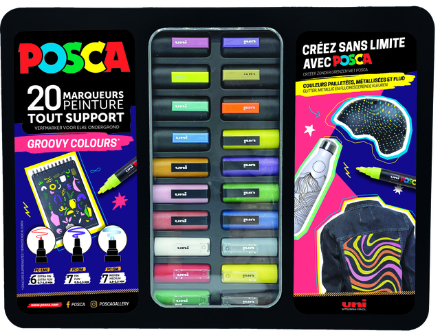 Verfstift Posca Groovy Colours assorti metalen koffer à 20 stuks afbeelding