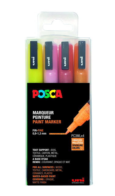 Verfstift Posca PC3M fijn glitter warm assorti set à 4 stuks afbeelding