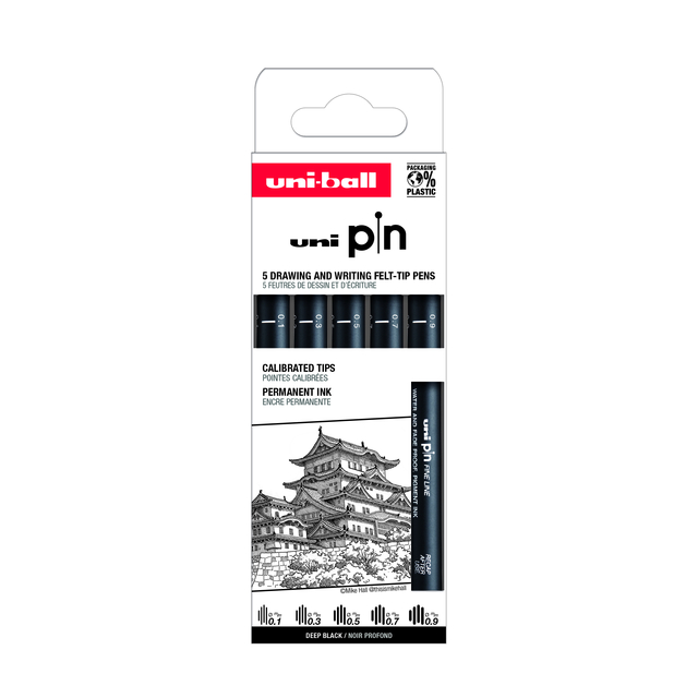 Fineliner Uni-ball Pin ASP008 set à 5 breedtes zwart afbeelding