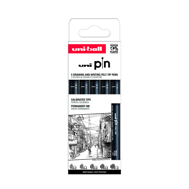 Uni-ball Fineliner Pin ASP009 set Ã  5 breedtes zwart