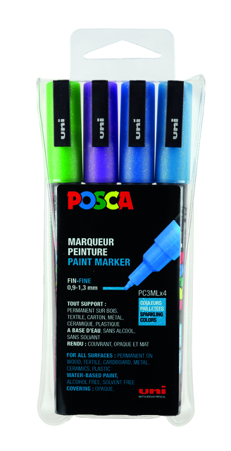 Verfstift Posca PC3M fijn glitter koel assorti set à 4 stuks afbeelding