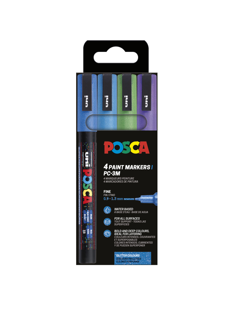 Paintmarker Uni POSCA PC3M fijn glitter koel assorti set à 4 stuks