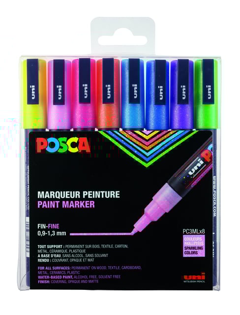 Paintmarker Uni POSCA PC3M fijn glitter pastel assorti set a 8 stuks afbeelding